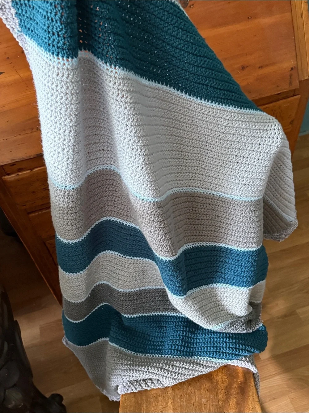 Handmade Crochet Striped Blanket Velvet Trim 48x60